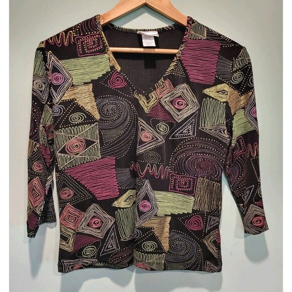 Vtg Dark Multicolor Artsy Geometric 3/4 Sleeve Stretchy Top Sz Lp Lauren Scott - Picture 1 of 6